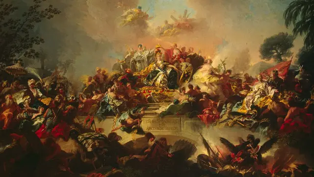 Este cuadro titulado "Apoteosis del reinado de Catalina II", de 1767, pintado por Gregorio Guglielmi, fue encontrado en la Colección del Museo Hermitage, San Petersburgo.