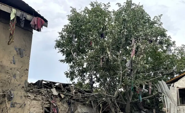 Одежда, висящая на развалинах дома и на деревьях