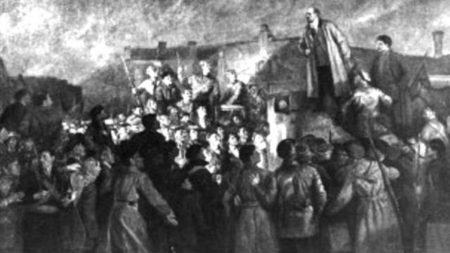 苏联时代宣传画：列宁和斯大林十月革命期间在彼得堡向民众演讲
