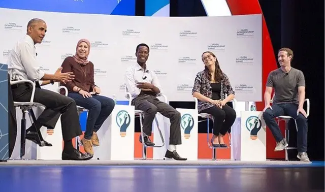 Mariana Costa con Barack Obama y Mark Zuckerberg.