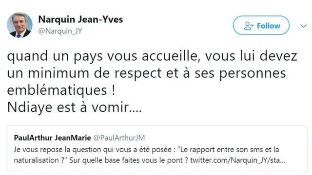 Un tweet de Jean-Yves Narquin, maire Front national de Villedieu-le-Château