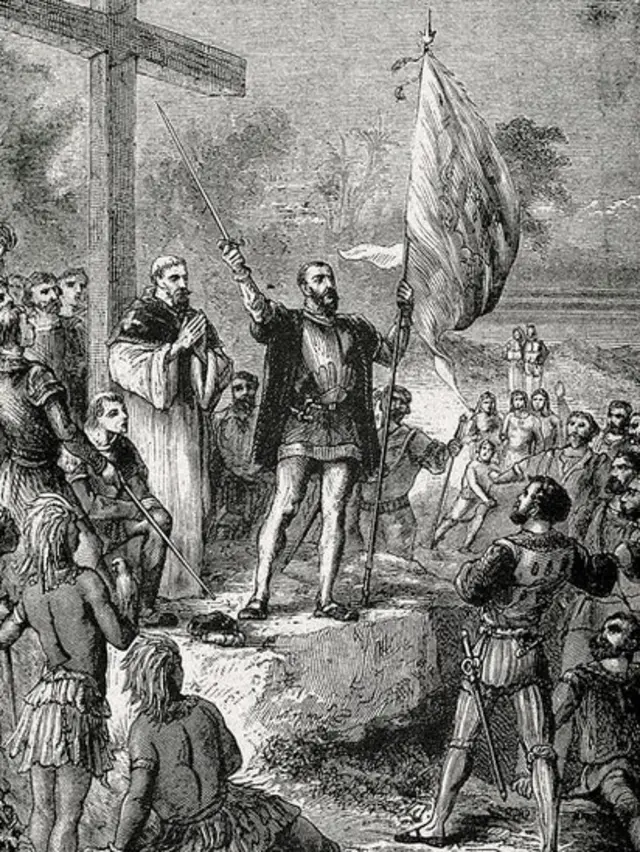 Grabado que muestra a Álvares Cabral tomando posesión de Brasil.