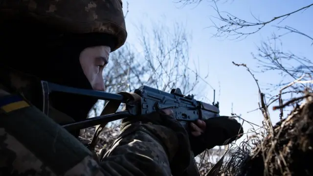Ukrainian Servicemen are seen outside of Svitlodarsk, Ukraine