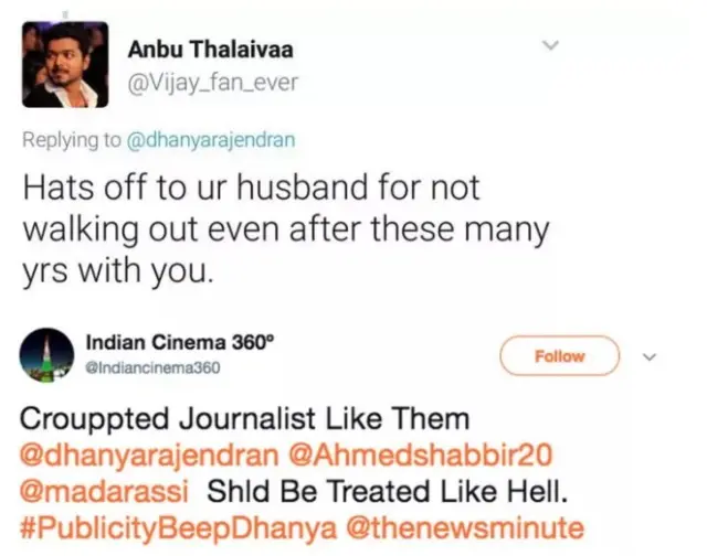 நடிகர் விஜயின் திரைப்படைத்தை விமர்சித்த பெண் பத்திரிகையாளருக்கு டிவிட்டரில் தொடரும் தாக்குதல்