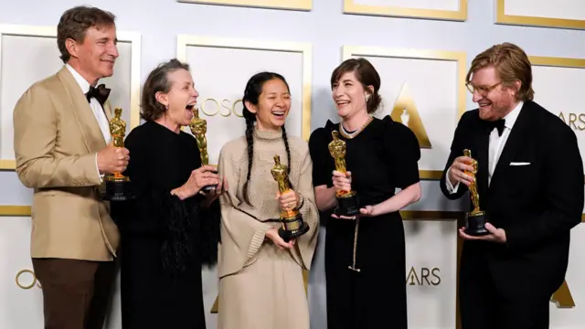 Nomadland producers Peter Spears, Frances McDormand, Chloe Zhao, Mollye Asher and Dan Janvey