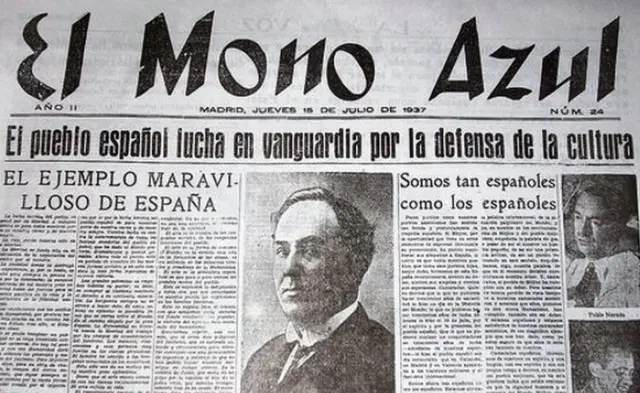 Portada de la revista "El Mono Azul", publicada en el bando republicano durante la guerra civil española bajo el auspicio de la Alianza de Intelectuales Antifascistas para la Defensa de la Cultura.