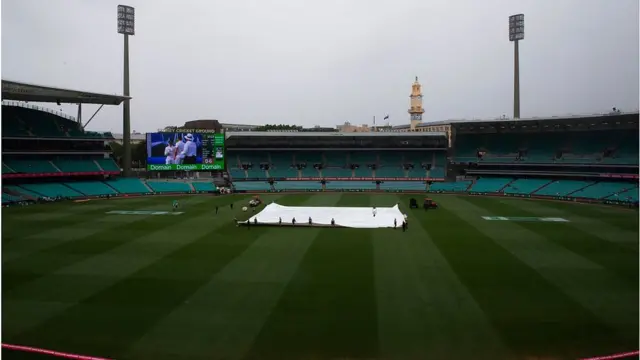 ఇండియా వర్సెస్ ఆస్ట్రేలియా నాలుగో టెస్ట్ మ్యాచ్.. వర్షం పడుతుండటంతో కవర్లు కప్పుతున్న సిబ్బంది