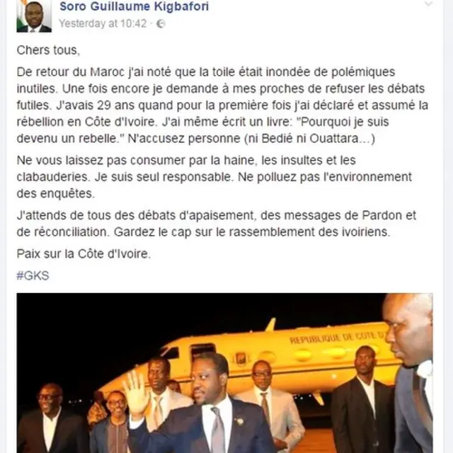 Sur les réseaux sociaux, Guillaume Soro déclare assumer ses responsabilité