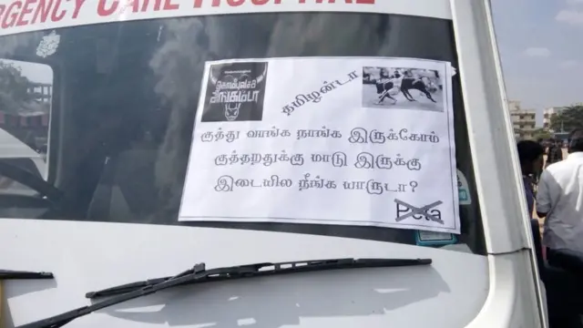 ஜல்லிக்கட்டு நடத்த வேண்டுமென வலியுறுத்தும் பதாகைகள்