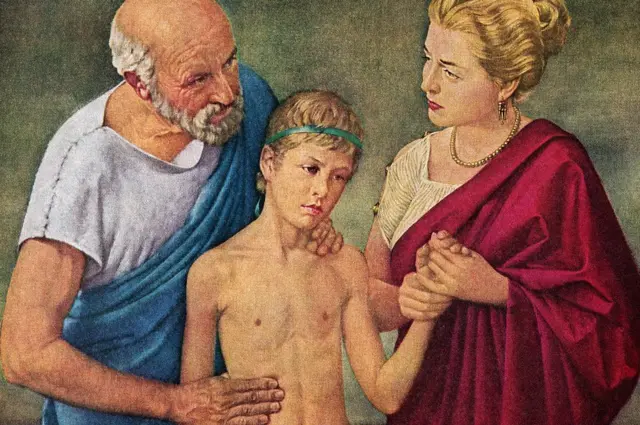 Hipócrates atendiendo a un niño