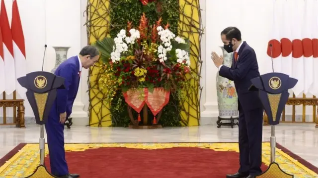 菅义伟（左）与印尼总统维多多共同出席记者会。