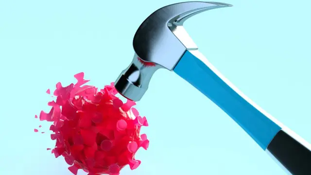 Martillo destruyendo coronavirus