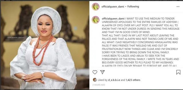 Ọrọ ti Olori Damiloa kọ soju opo Instagram rẹ lati bẹ Alaafin