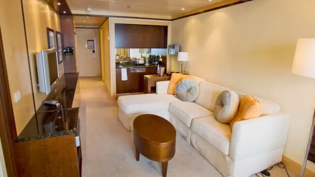 "世界号"邮轮提供165间私人套房，船上的活动包括网球、购物、酒窖、游泳、美食，还有一个用于演讲和娱乐的剧院