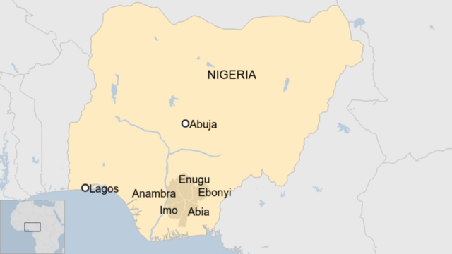 Une carte montrant les États Igbo au Nigeria