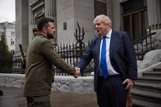 Prime Minister Boris Johnson shakes hands with President of Ukraine Volodymyr Zelensky, during his visit to Kyiv the Ukrainian capital. Picture date: Saturday April 9, 2022.