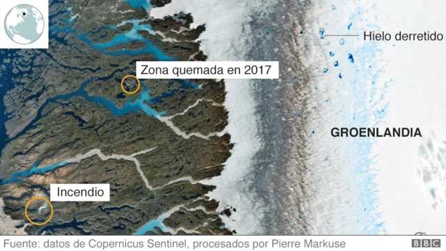 Imagen satelital de la zona quemada en Groenlandia