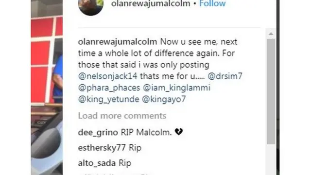 ọ̀rọ̀ àsọkẹ́yìn Olanrewaju Malcolm lórí Instagram