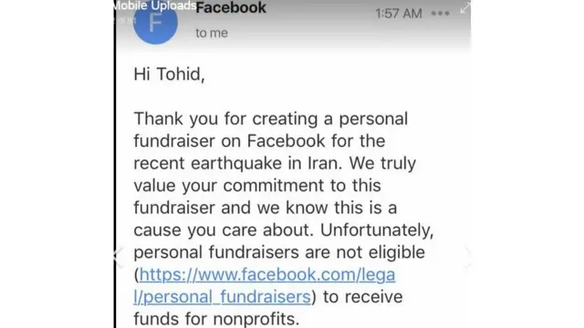 متن بخشی از پیام فیسبوک به گرداننده کارزار کمک ایرانیان آمریکا و کانادا به زلزله‌زدگان ایران