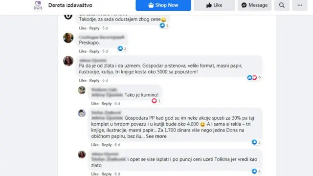Komentari na Fejsbuk stranice izdavačke kuće Dereta