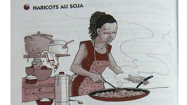 Un texto escolar de Congo que muestra a una mujer cocinando.
