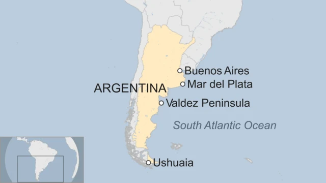 潜水艦が消息を絶つ前に訪れたウシュアイア（Ushuaia）や基地のマルデルプラタ（Mar del Plata）の位置