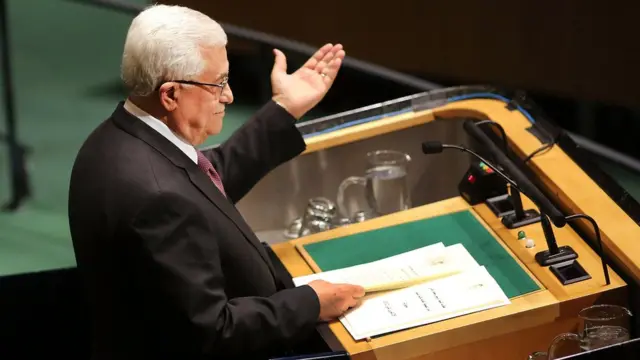 Palestinian Authority President Mahmoud Abbas addresses the General Assembly at the United Nations on 29 November 2012 in New York City.