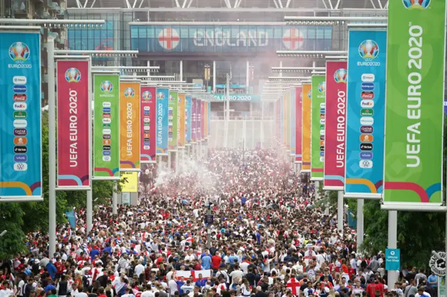 England fans on Wembley Way ahead of the UEFA Euro 2020 Final at Wembley Stadium, London, on 11 July 2021