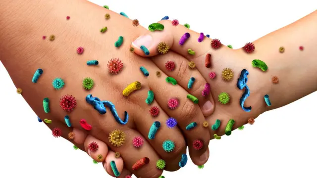 Mano de adulto y menor con dibujos de diferentes bacterias.