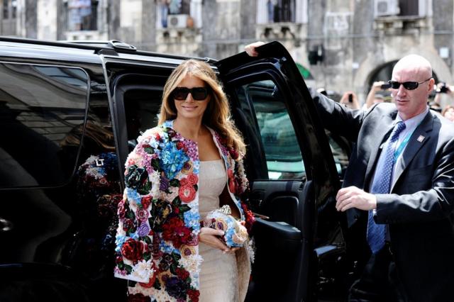Melania Trump arrives in the Sicilian town of Catania, Italy, 26 May