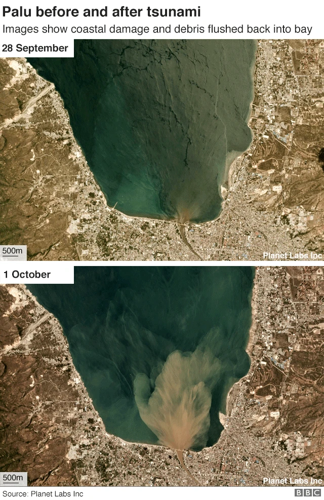 衛星写真による津波前後の比較。沿岸部の損傷と、湾にがれきが流されている様子が見て取れる