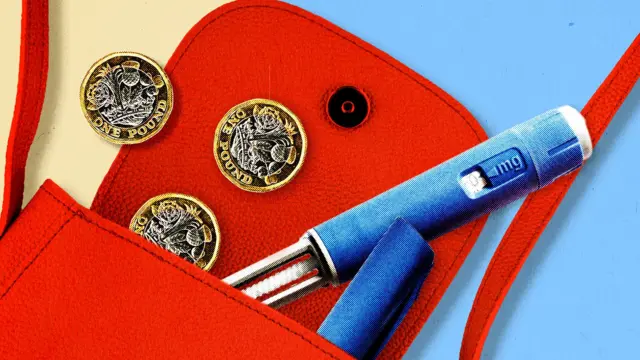 Ilustração de uma bolsa vermelha com moedas e uma caneta emagrecedora