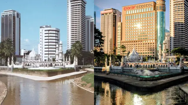 Kuala Lumpur, Malaysia 40 tahun lalu (foto kiri), Kuala Lumpur pada 2025 (foto kanan).