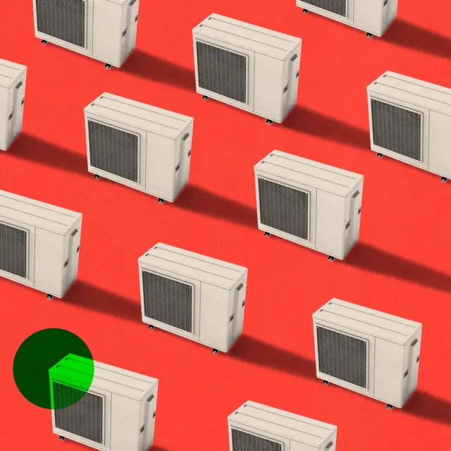 赤い背景にエアコンの室外機が並んでいるイラスト