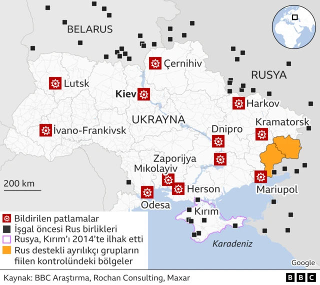 Rusya saldırılarını gösteren harita, 24 Şubat 2022.