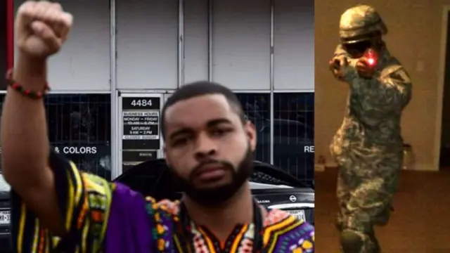 Micah Johnson fazendo saudação "black power" e vestido com roupa militar