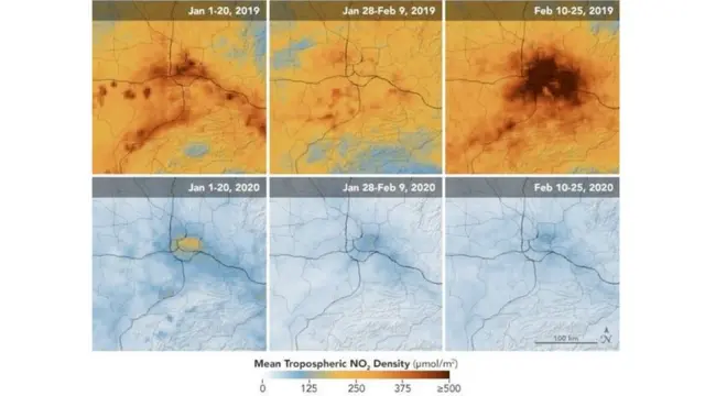 နာဆာက ထုတ်ပြန်လိုက်တဲ့ ဓာတ်ပုံမှာ ၂ဝ၂ဝ ခုနှစ်အတွင်း နိုက်ထရိုဂျင် အောက်ဆိုဒ် ပမာဏ လျော့နည်းသွားတဲ့ အခြေအနေနဲ့ ၂ဝ၁၉ ခုနှစ် အလားတူအချိန်မှာ ရှိခဲ့တဲ့ အခြေအနေ နှစ်ခုကို နှိုင်းယှဉ်ထားပြထားပါတယ်။