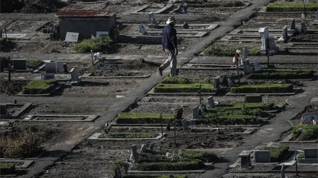 Homem caminha entre lápides durante o dia