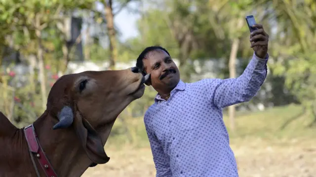 আহমেদাবাদে নিজের গরুর সাথে সেলফি তুলছেন ভিজয় প্রাসান্না।