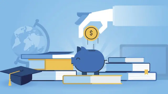 Ilustración con libros y una hucha