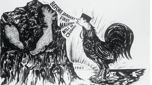Kartun berita menggambarkan janji Sukarno untuk menghancurkan Malaysia sebelum ayam berkokok pada hari pertama Januari 1965