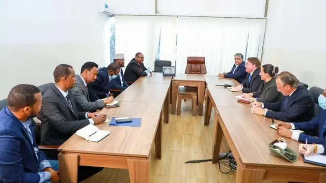 Axmed Madoobe iyo Deni oo Muqdisho kula kulmay wakiilo ka socday beesha caalamka