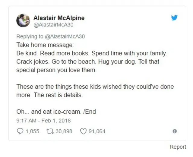 มีผู้กดชื่นชอบข้อความทางทวิตเตอร์ของนายแพทย์แม็กอัลไพน์แล้วกว่า 10,000 ครั้ง