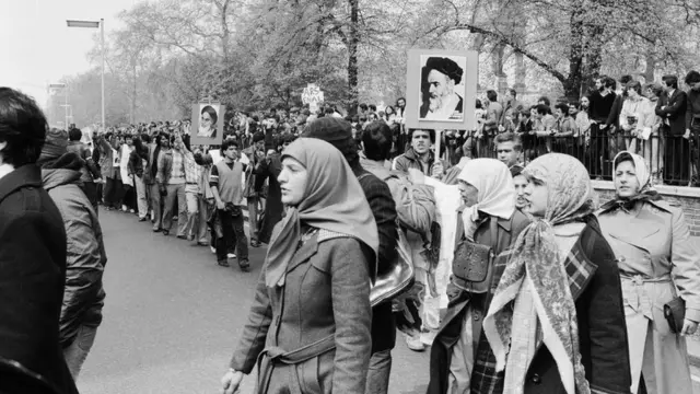 Supporters of the Ayatollah Khomeini marching near the embassy, 1 May 1980.