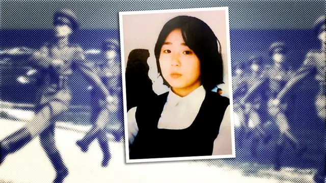 A composite image showing a picture of a Japanese 13-year-old, Megumi Yokota, superimposed over North Korean soldiers marching