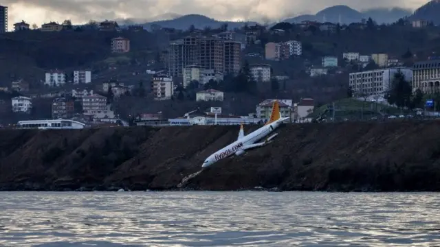 પૅગસસ એરલાઇન્સના ટ્રૅબઝોને રનવે પરથી સમુદ્ર તરફ ઢળી ગયેલા વિમાનની તસ્વીર