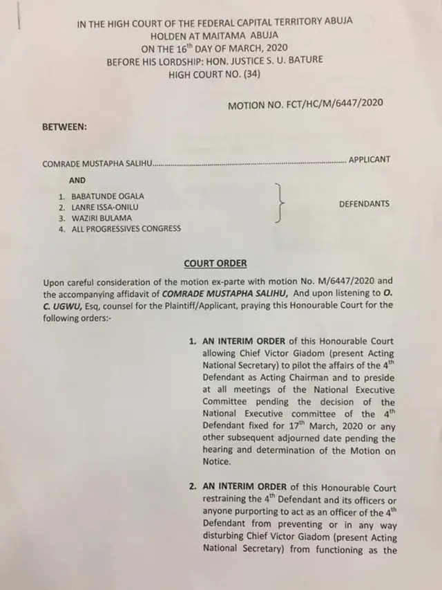 Court Order wey give Victor Giadom power to be national chairman