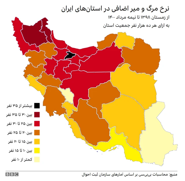 میزان افزایش نرخ مرگ‌ومیر در هر استان از ۱ فروردین تا تا نیمه مرداد ۱۴۰۰ نسبت به متوسط پیش از همه‌گیری کرونا