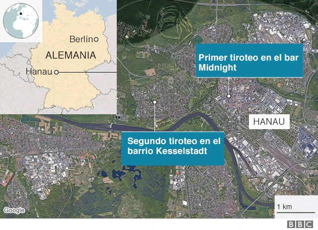 Mapa de los tiroteos en Hanau.