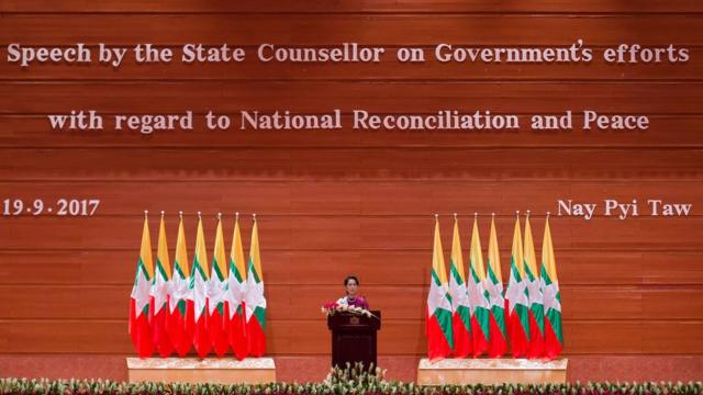 Myanmar's State Counsellor Aung San Suu Kyi delivers a national address in Naypyidaw on September 19, 2017